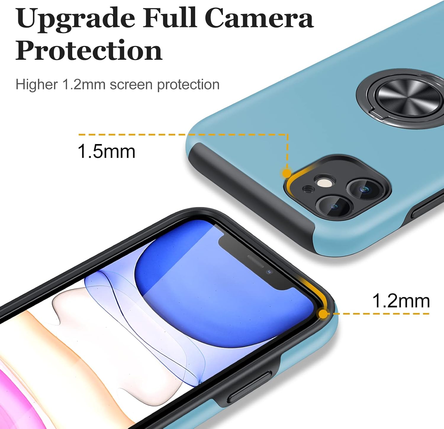 JAME Funda para iPhone 11 con protector de pantalla de vidrio templado, funda delgada y suave para iPhone 11, con soporte de anillo invisible y