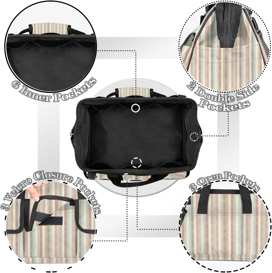 Retro Stripe Pastel Wide Mouth Tool Bags for Men and Women 14 Pockets Tool Tote Bag Pouch Heavy Duty Tool Organizer Bag with Adjustable Strape for