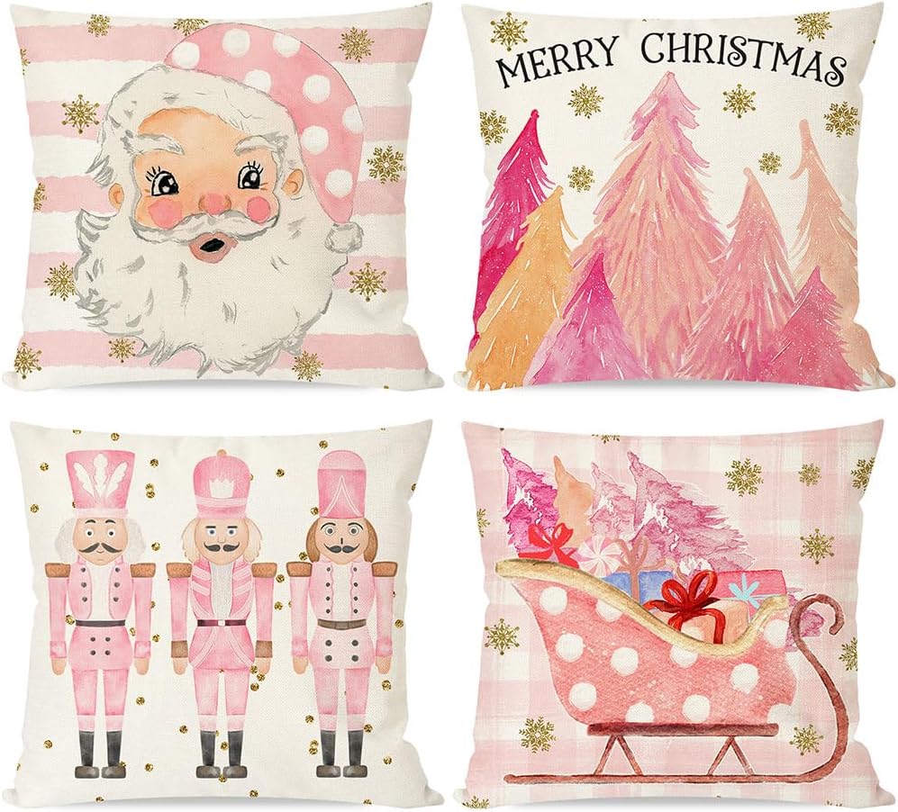 Juego de 4 fundas de almohada de Navidad rosas de 20 x 20 pulgadas, fundas de almohada decorativas, fundas de almohada de granja, árbol de Navidad,