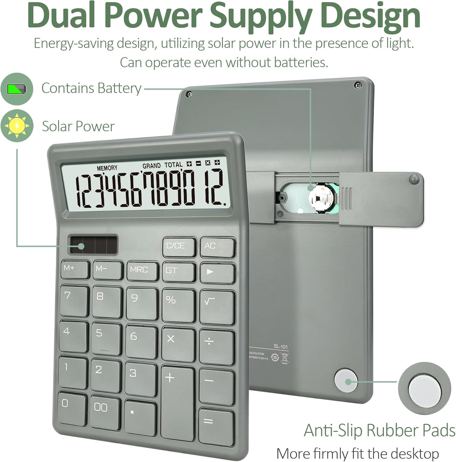 Calculadora estándar de 12 dígitos, batería de doble potencia de escritorio verde y solar, calculadoras de escritorio con pantalla LCD grande,
