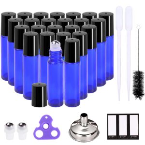 PrettyCare Botellas enrollables para aceites de 0.3 fl oz (vidrio azul, paquete de 24, 2 bolas de acero inoxidable adicionales, 2 goteros, 1 cepillo PrettyCare Botellas enrollables para aceites de 0.3 fl oz (vidrio azul, paquete de 24, 2 bolas de acero inoxidable adicionales, 2 goteros, 1 cepillo