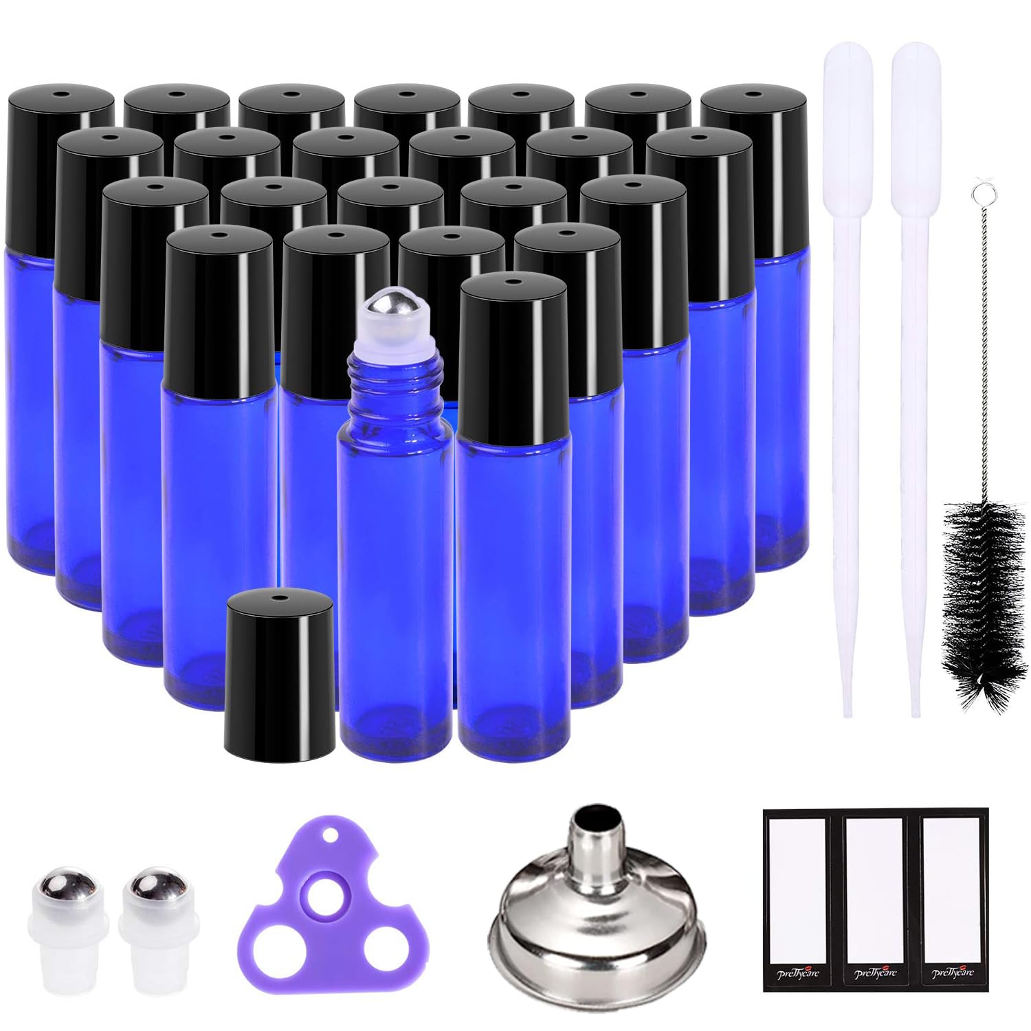 PrettyCare Botellas enrollables para aceites de 0.3 fl oz (vidrio azul, paquete de 24, 2 bolas de acero inoxidable adicionales, 2 goteros, 1 cepillo