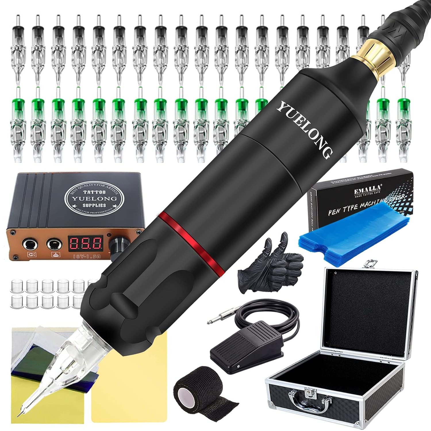 Yuelong Kit de máquina de tatuaje, kit profesional de máquina rotativa de tatuaje con fuente de alimentación, 40 piezas, cartuchos de tatuaje,