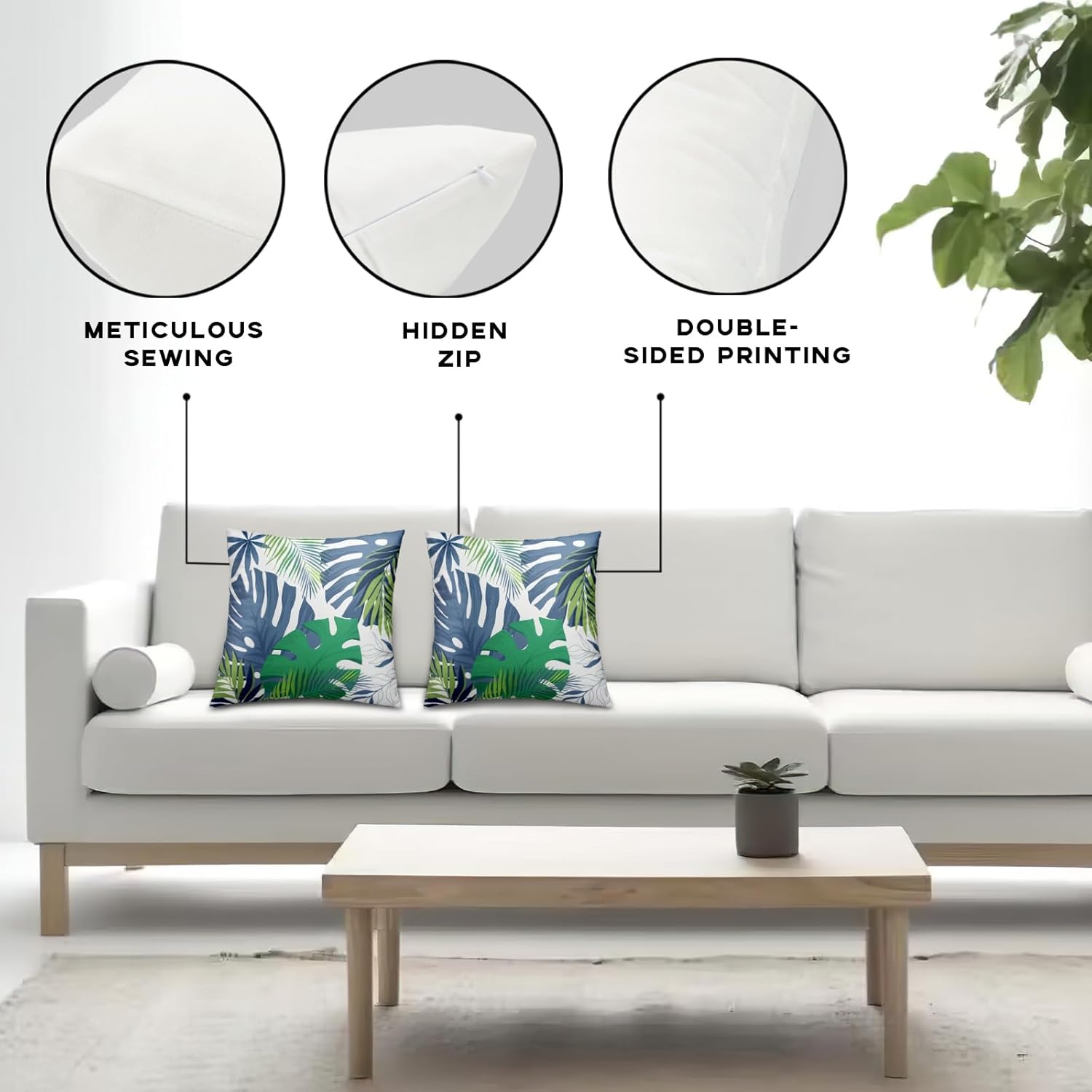 Juego de 2 fundas de almohada de hojas tropicales de 18 x 18 pulgadas, fundas de almohada decorativas de verano con hojas de palmera azul y verde,