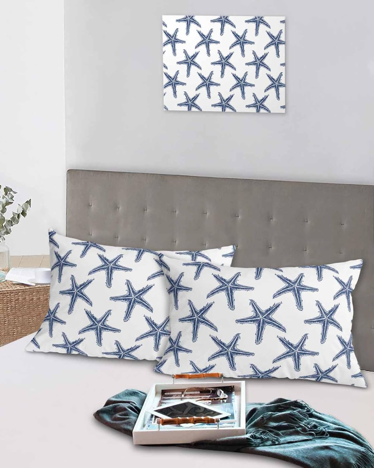 Juego de 2 fundas de almohada tamaño King con estrellas de mar de playa azul marino, fundas de almohada de microfibra para cama, fundas de almohada