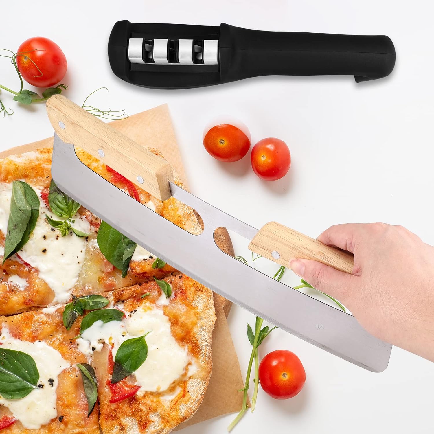 Cuchilla basculante para cortador de pizza de 14 pulgadas con mango de madera, rueda para rebanar pizza, cuchillo grande de acero inoxidable con