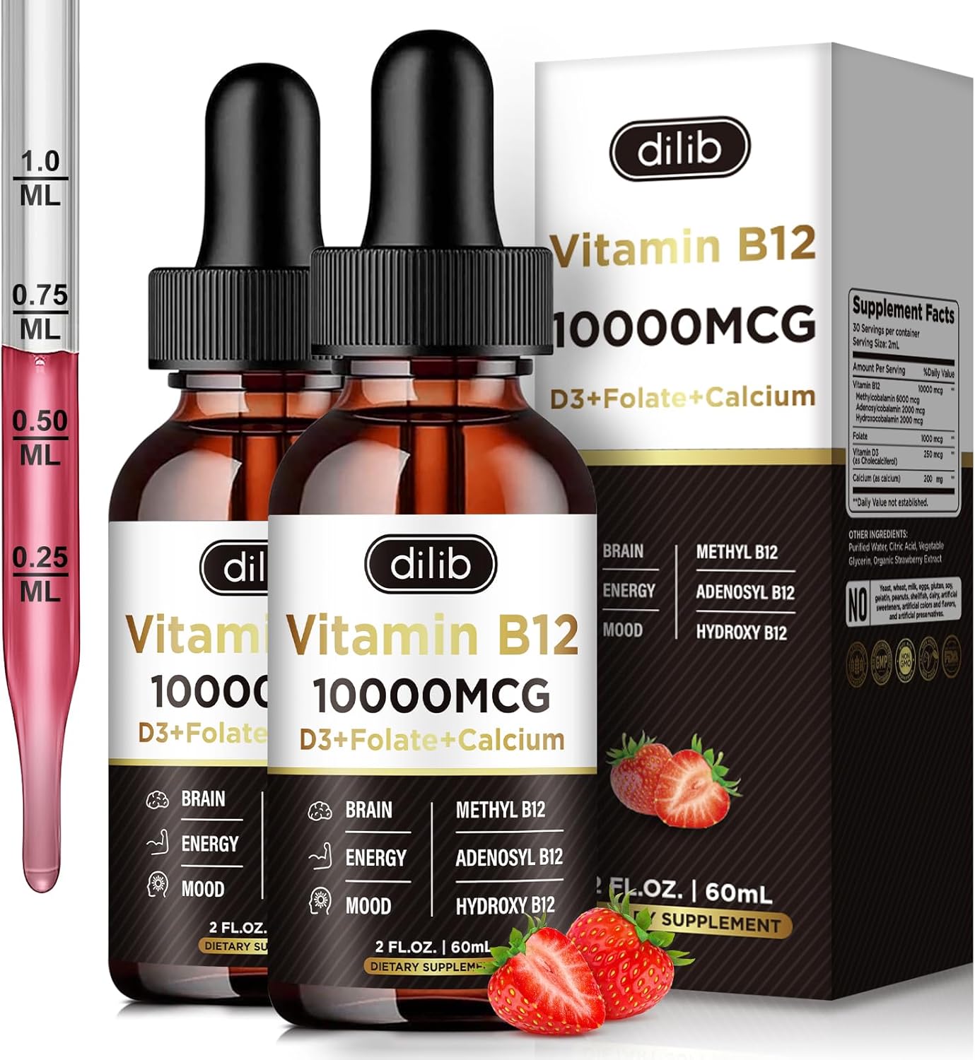 Complejo de vitamina B12 de 10000 mcg  Suplemento sublingual de triple líquido vegano B-12 gotas  Mezcla de metilcobalamina y adenosilcobalamina e