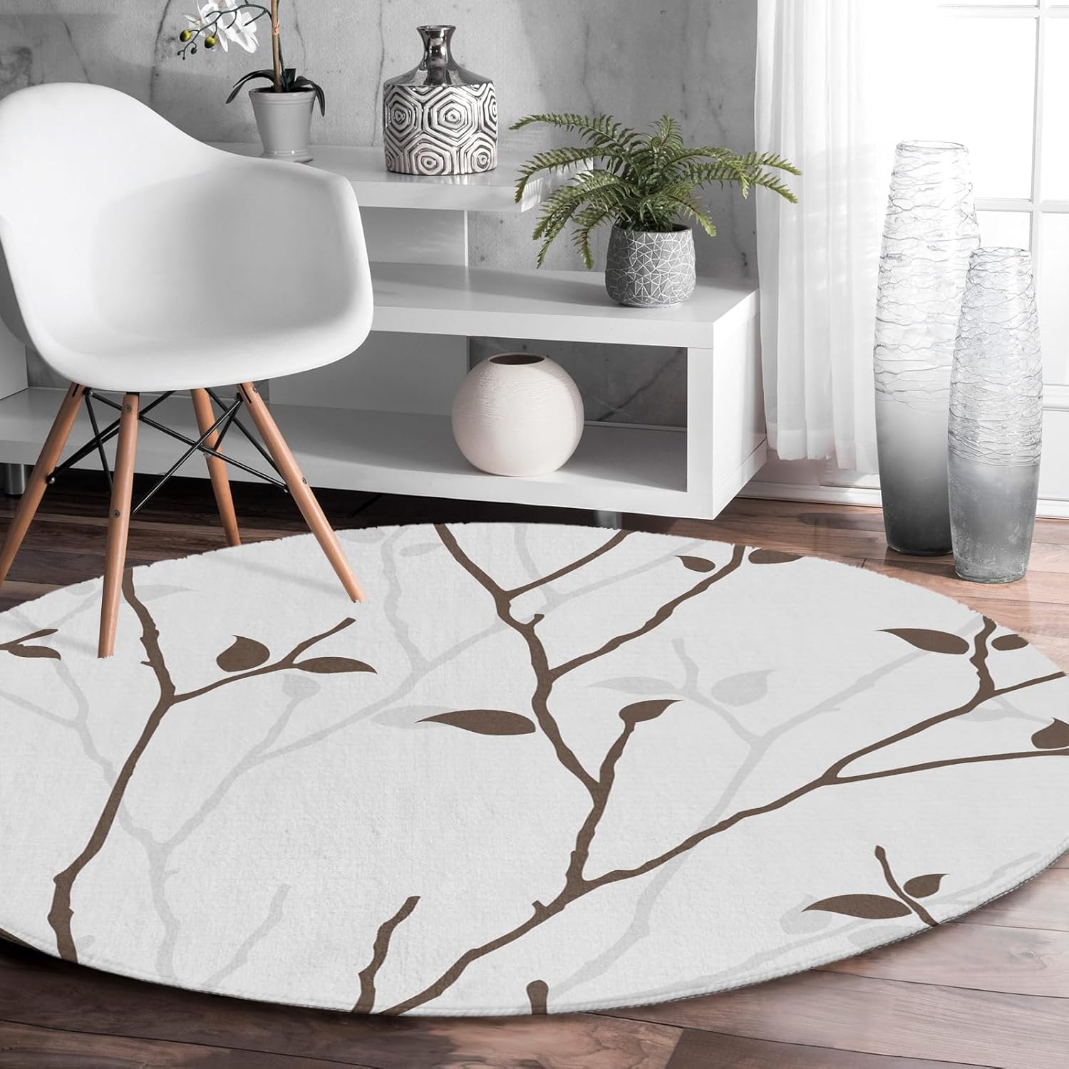 Round Rug 5Ft, Dead Branch Outline Soft Round Area Rug Machine Washable Non-Slip Circle Rug Carpet Inoor Throw Rug for Living Room Bedroom