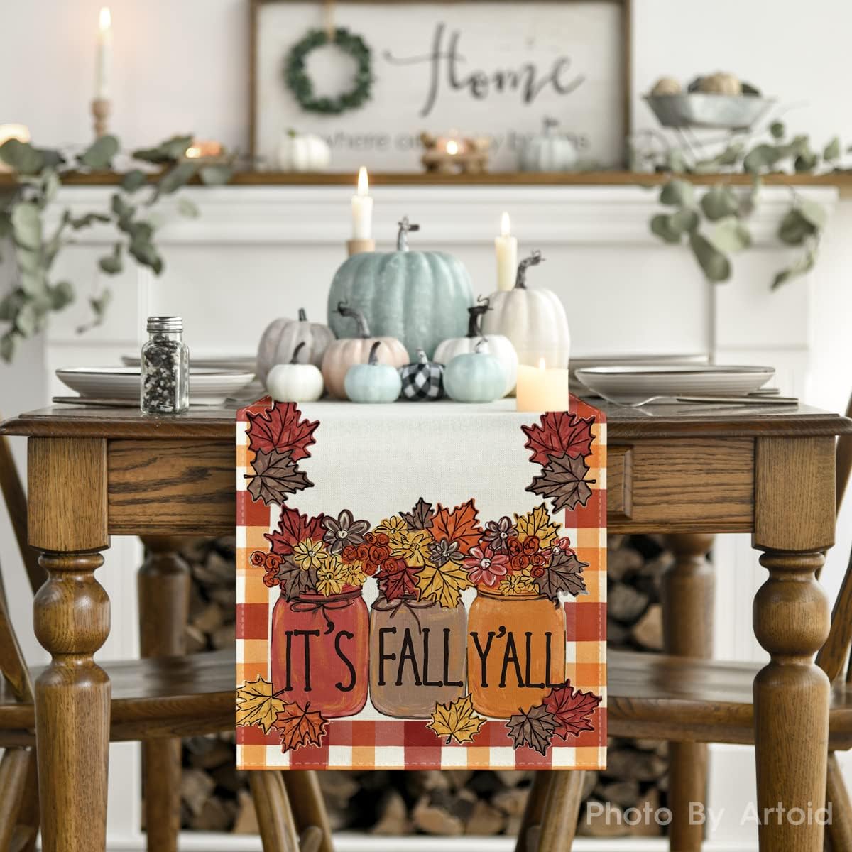 Artoid Mode Buffalo Plaid It’s Fall Y’all – Jarrón floral de hojas de arce para otoño, decoración de mesa de comedor de cocina para decoración de