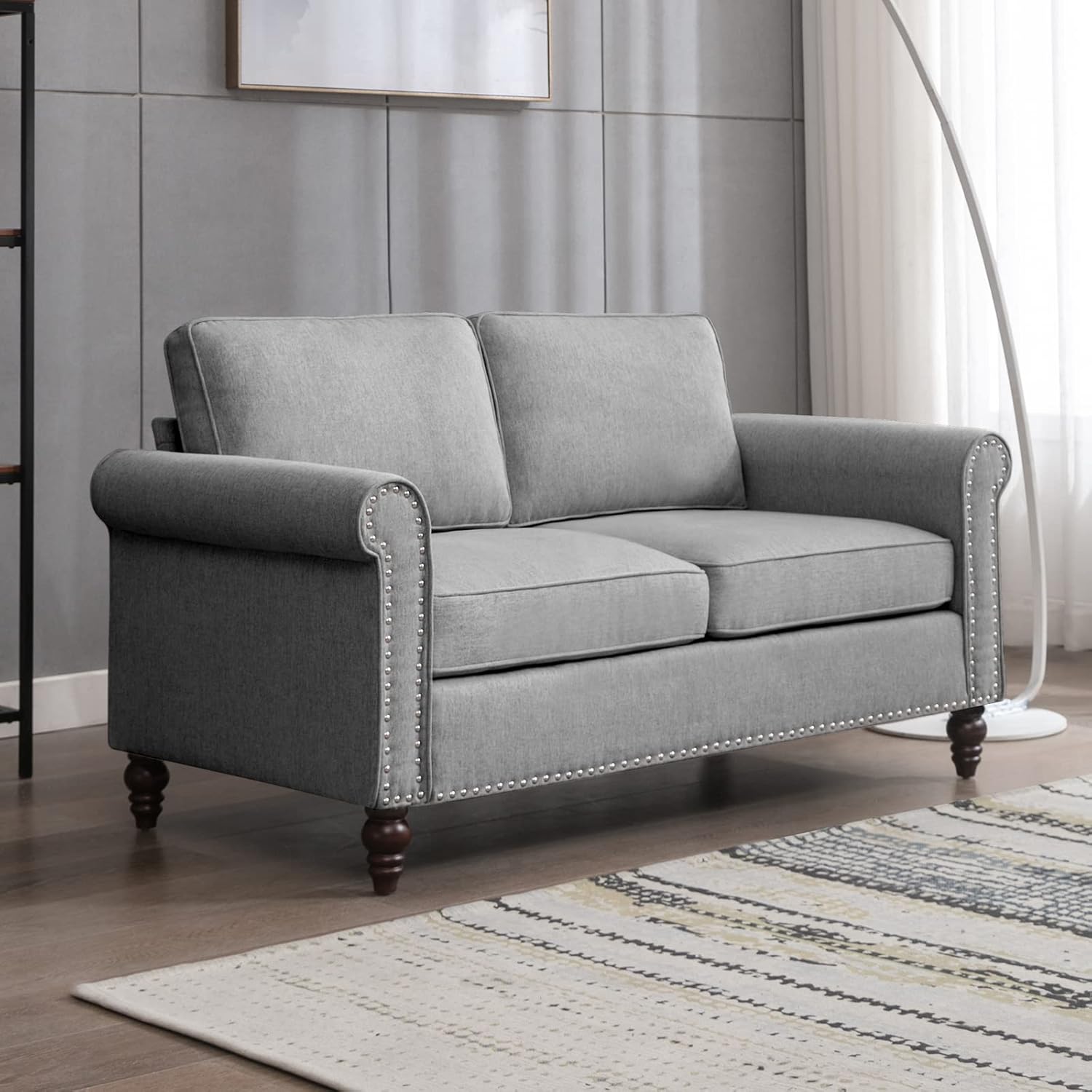 Sofá biplaza, sofá gris claro para sala de estar, sofá moderno de mediados de siglo con marco de madera maciza y 4 patas en forma de calabaza, sofás