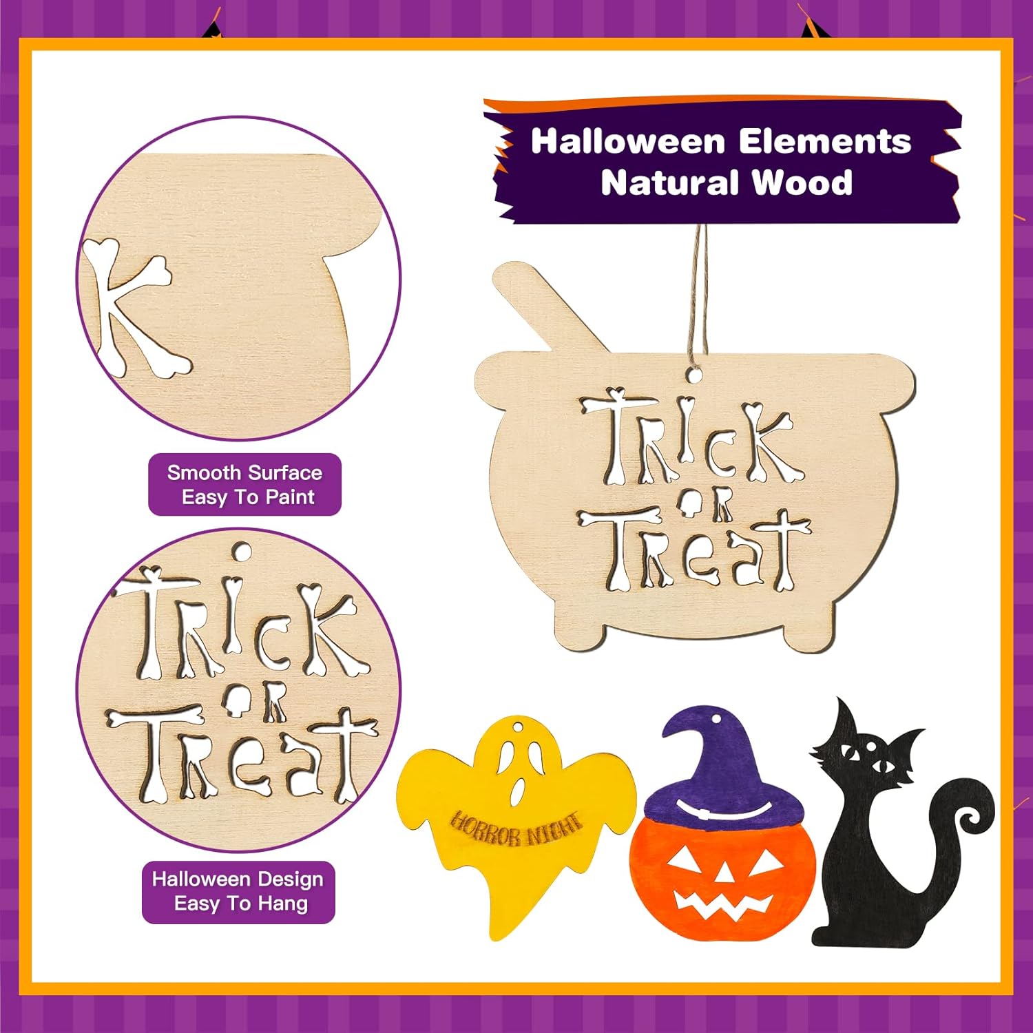 MGparty Manualidades de Halloween, 60 piezas de rebanadas de madera de Halloween, manualidades de madera natural sin terminar, adornos preperforados