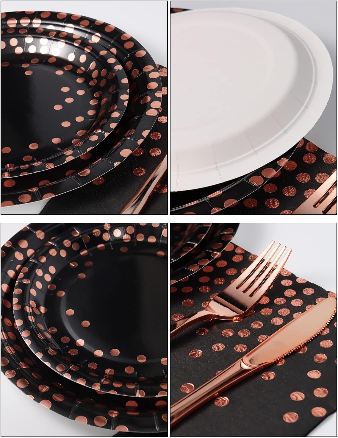 141 piezas de suministros de fiesta de color negro y oro rosa, los juegos de vajilla de fiesta incluyen platos de papel, servilletas, tazas y