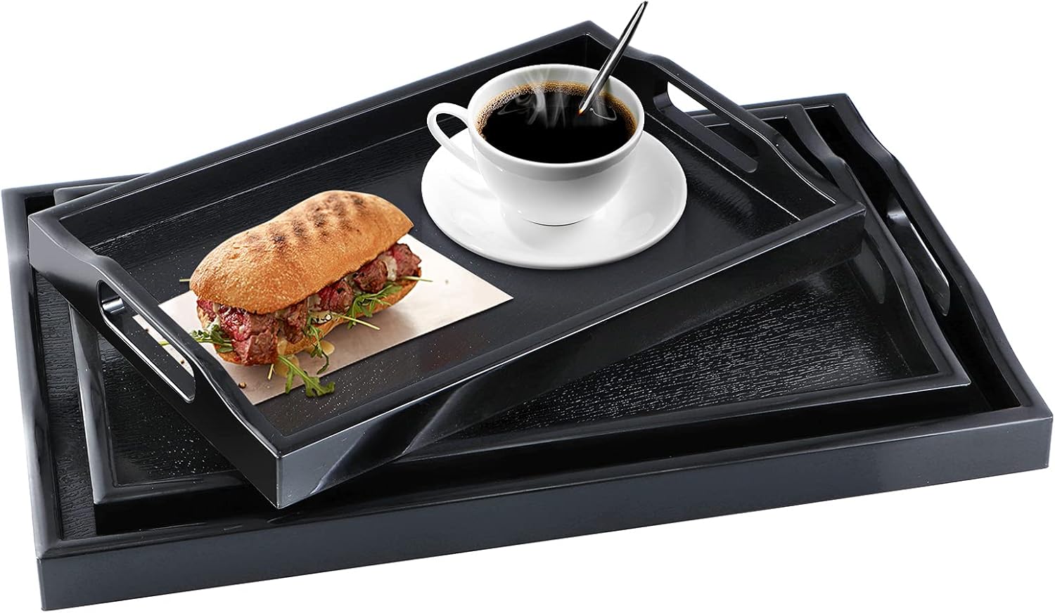 Juego de 3 bandejas de plástico para servir, bandeja otomana con asas recortadas, bandeja rectangular para mayordomo para desayuno en la cama, mesa