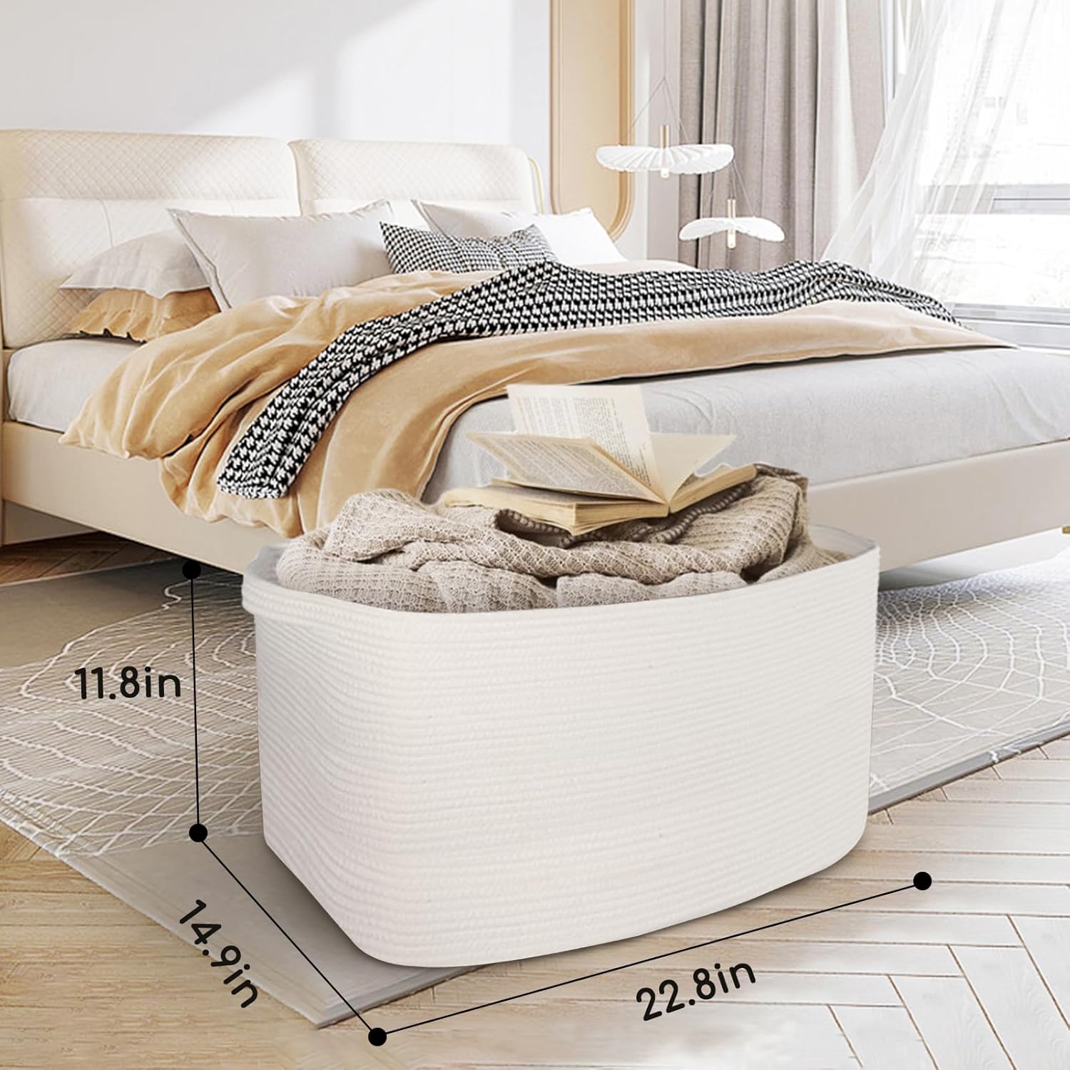Cestas blancas para organizar, 22.8 x 14.9 x 11.8 pulgadas, cestas de almacenamiento rectangulares de cuerda de algodón, cesta tejida para manta