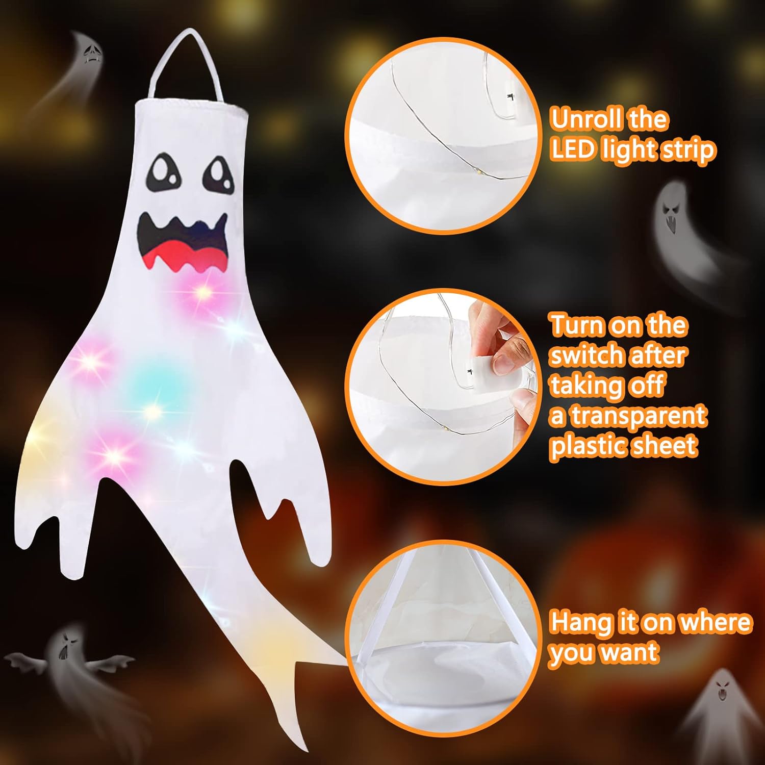 Dokeawo 2 piezas de decoración de Halloween, calcetines de viento fantasma de 47 pulgadas, decoración de Halloween colgante con luz LED para