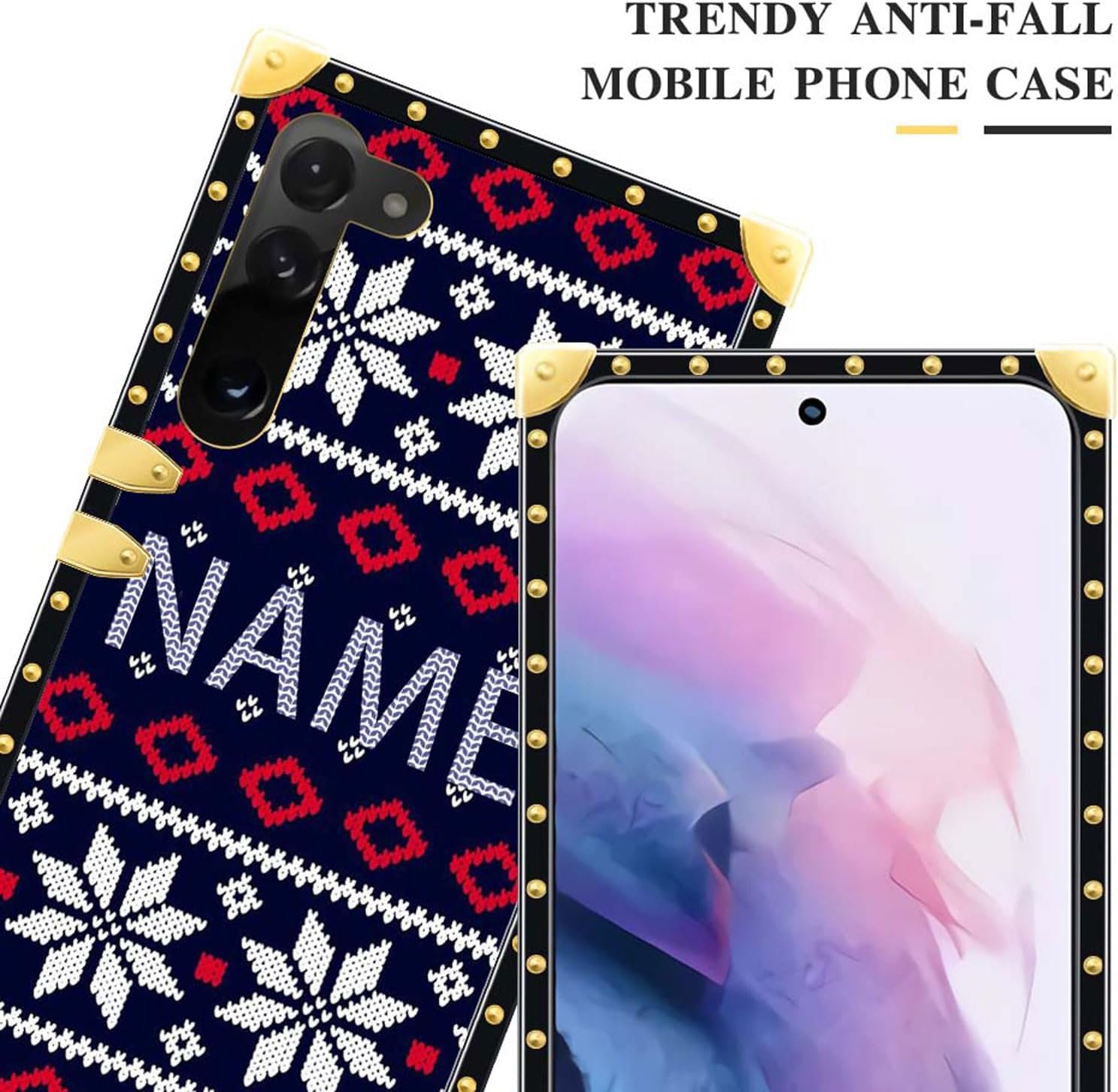 DAIZAG Funda de teléfono azul con diseño de copos de nieve de Navidad, diseño cuadrado dorado para funda de regalo, compatible con Samsung Galaxy