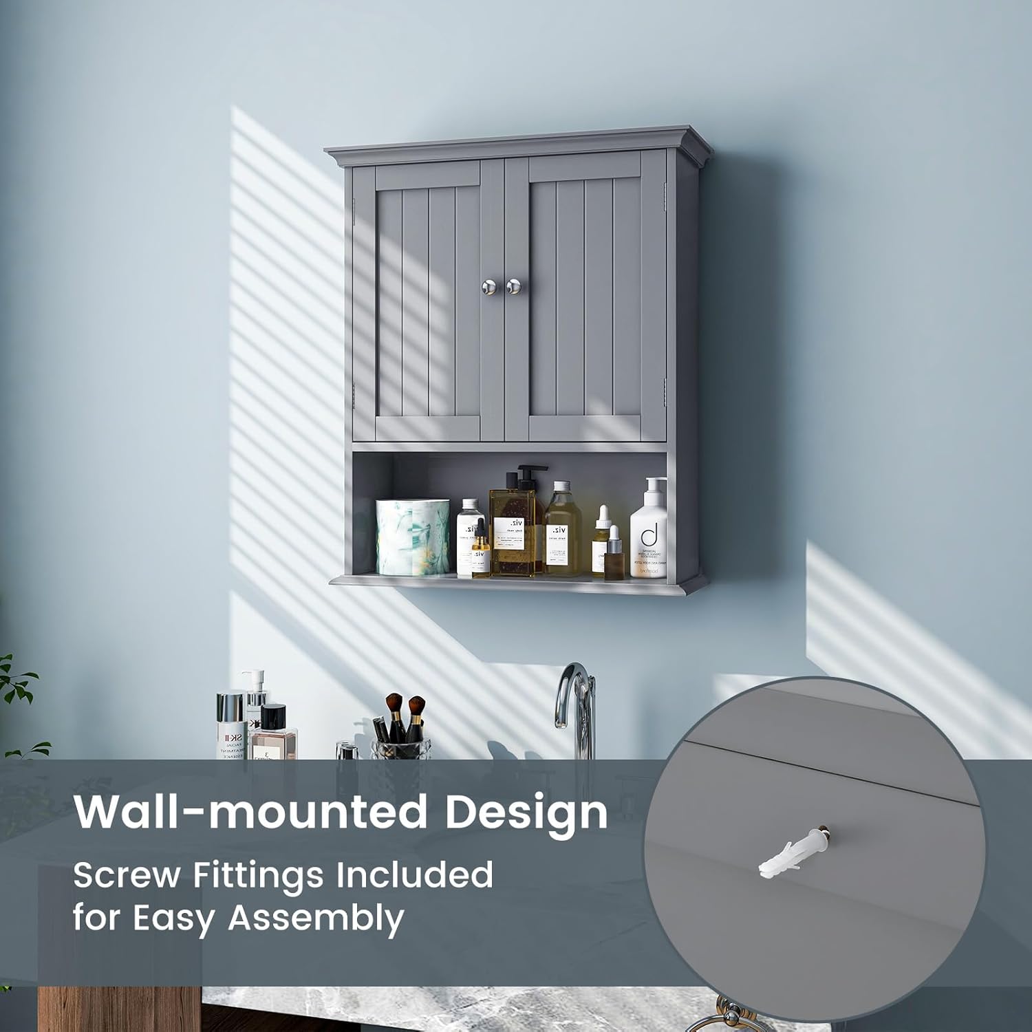 Tangkula Armario de pared de baño, armario colgante de madera con puertas y estantes, gabinete de almacenamiento multiusos para baño, cocina, sala