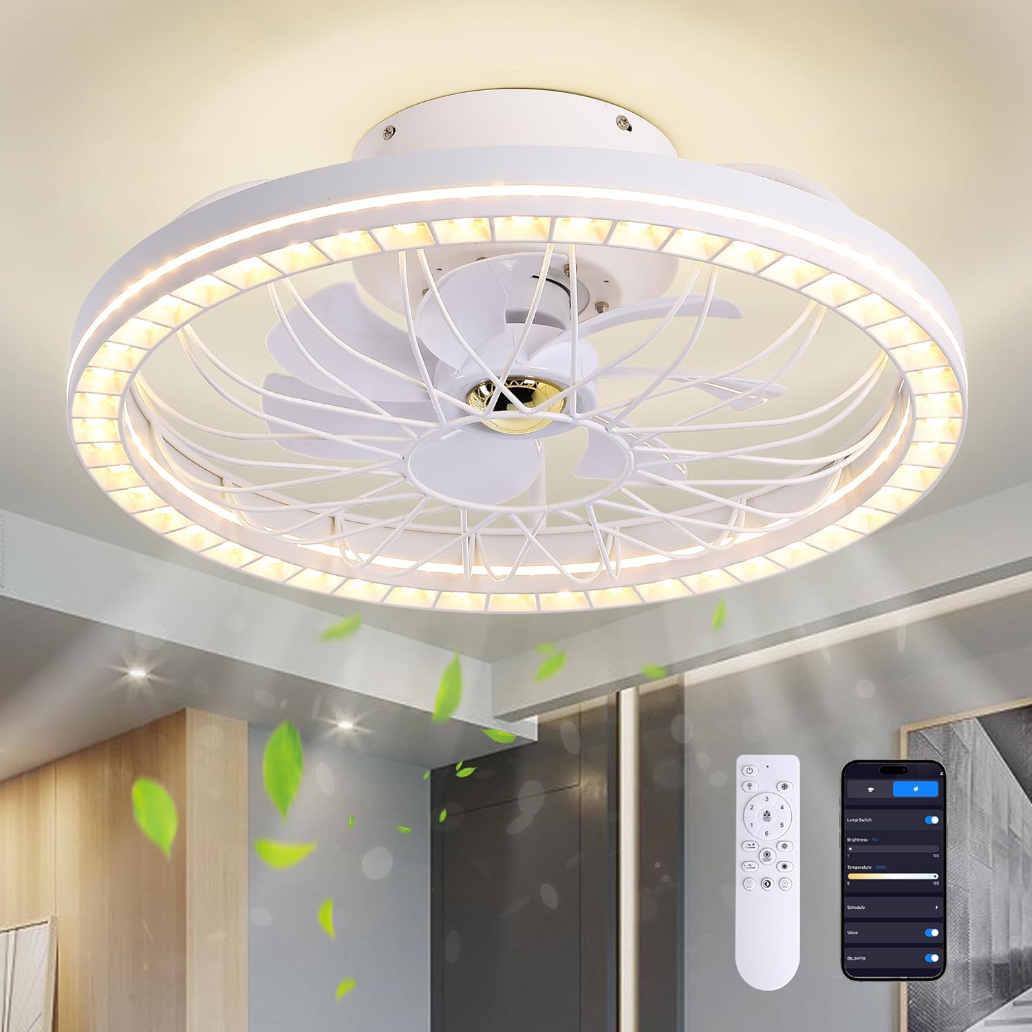 REDSTAR Ventiladores de techo LED inteligentes  Ventilador de techo de montaje empotrado de 19 pulgadas con luz moderna, control de aplicación, 3