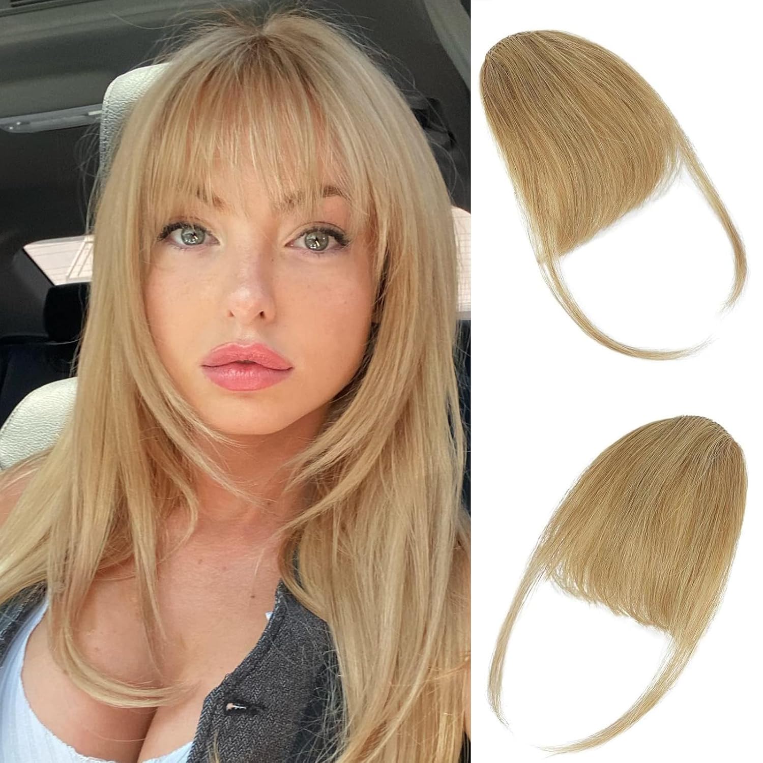 AISI QUEENS Flequillo con clip, extensiones de cabello humano real, flequillo falso con fleco de sienes para mujer, flequillo plano y curvado para