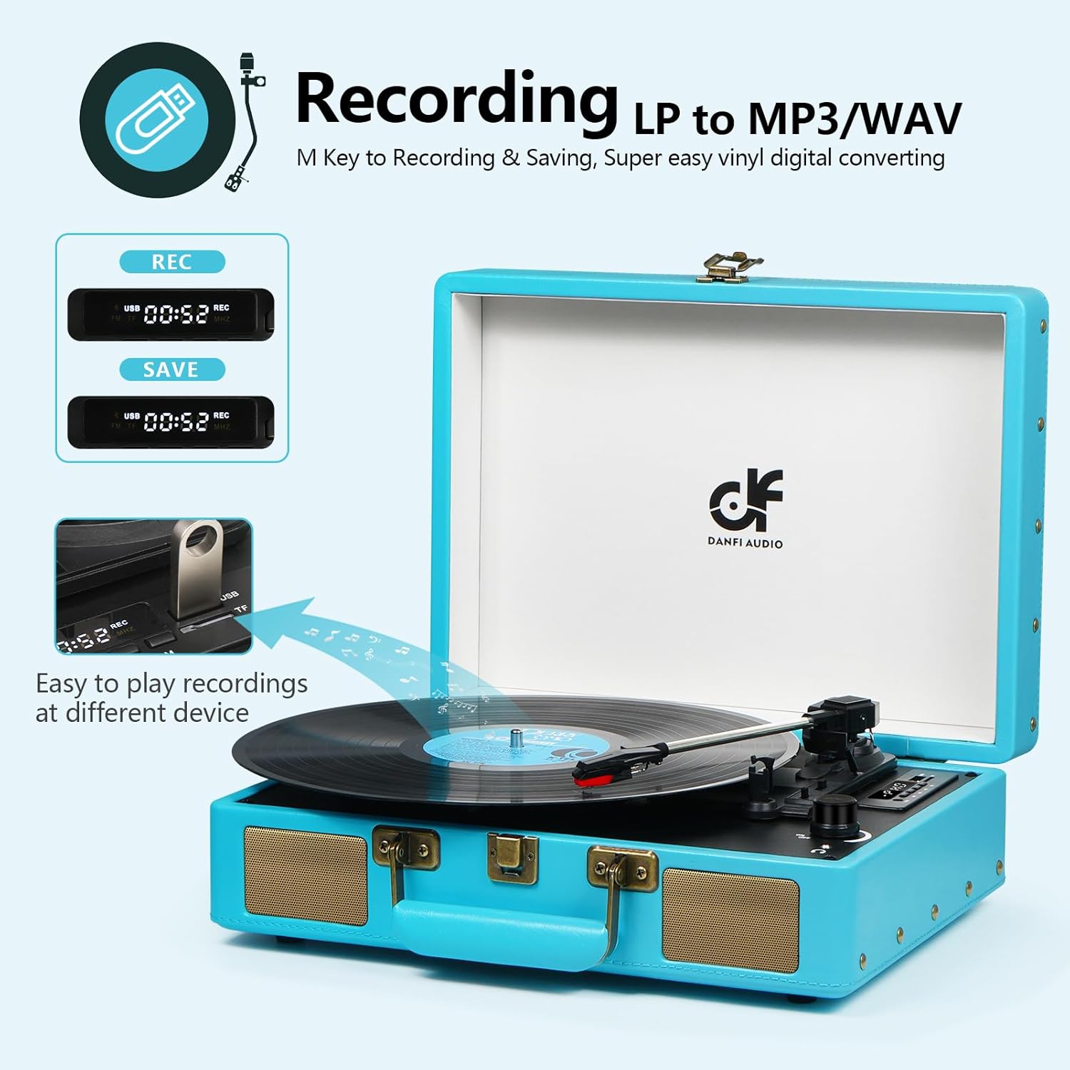 Tocadiscos portátil de maleta con Bluetooth vintage con altavoces integrados, tocadiscos de 3 velocidades con grabación de audio de vinilo USB,