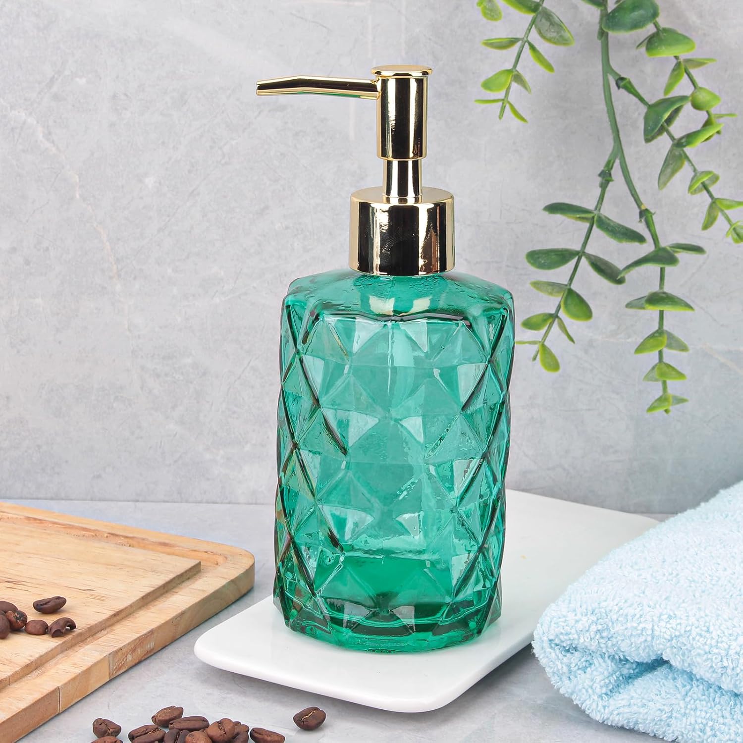 Dispensador de jabón con bomba, dispensador de jabón con patrón de diamante para encimera de cocina, baño, accesorios de baño rosa intenso (verde 2