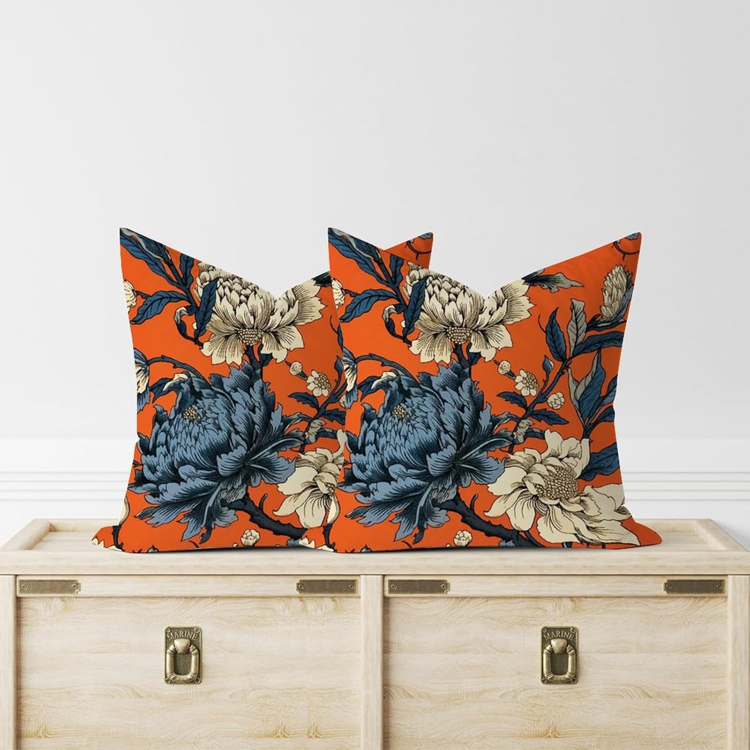 Chinoiserie – Juego de 2 fundas de almohada de flores de caqui, color azul marino, naranja, crema, floral, fundas de cojín inspiradas en Asia de 16