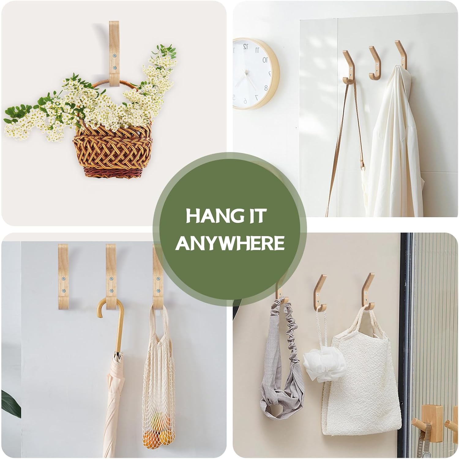 Ganchos de pared de madera natural, paquete de 4 ganchos de madera montados en la pared, moderno gancho decorativo de madera para pared de entrada,