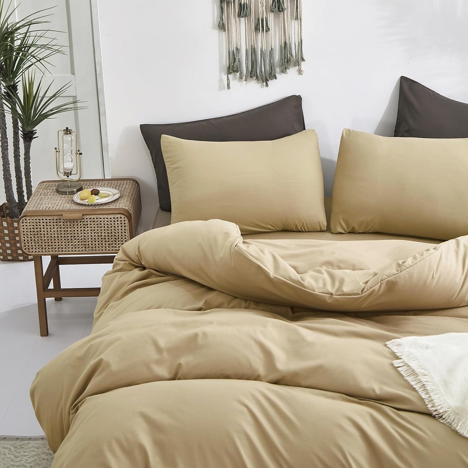 Luxlovery Juego de edredón beige champán, tamaño California King, color beige oscuro, tamaño California King, color gris topo, suave, transpirable,