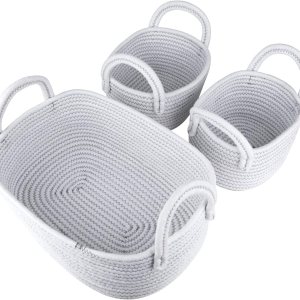 LA JOLIE MUSE Juego de 3 cestas de almacenamiento tejidas de cuerda de algodón de 14 pulgadas, contenedores organizadores multiusos con asas, color LA JOLIE MUSE Juego de 3 cestas de almacenamiento tejidas de cuerda de algodón de 14 pulgadas, contenedores organizadores multiusos con asas, color