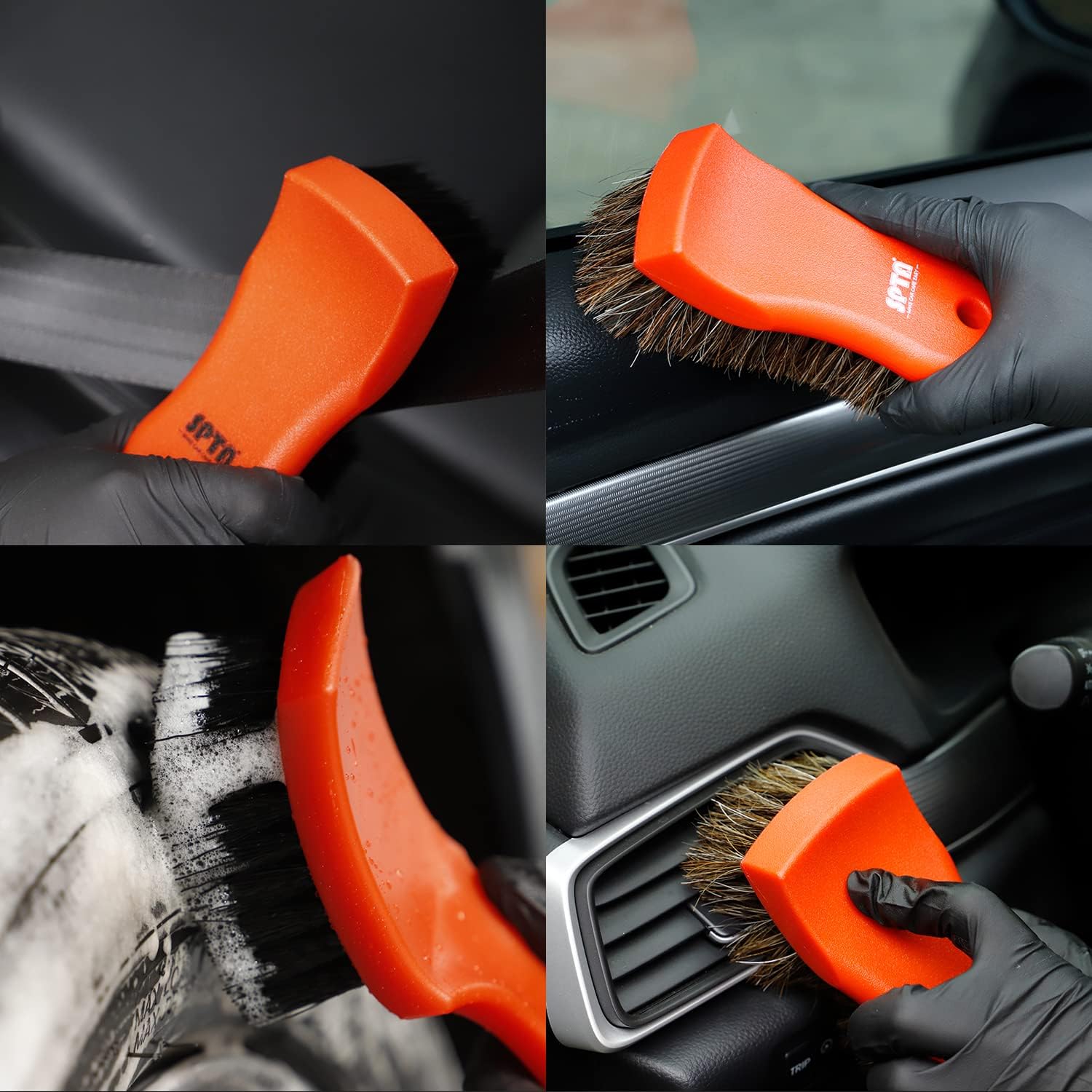SPTA Kit de 4 cepillos para detalles de coche, cepillo interior de cuero y textil, agarre cómodo y limpieza sin arañazos para salpicadero de coche,