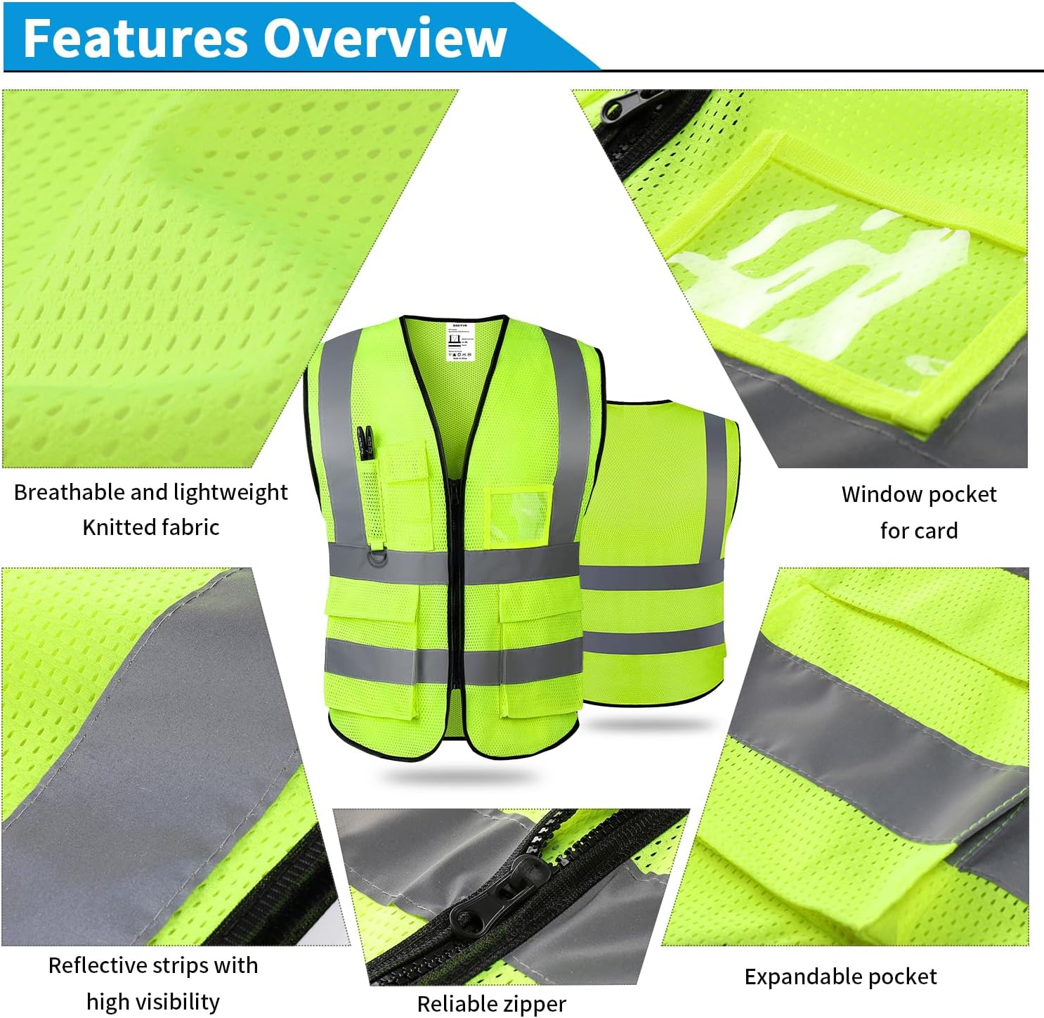 Chaleco MeshSafety para mujeres y hombres cumple con los estándares ANSI con tiras reflectantes con bolsillos y cremallera para topógrafo
