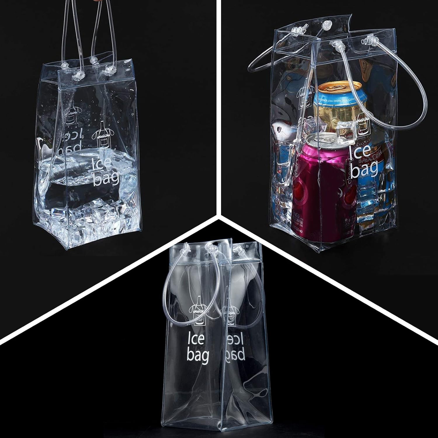 TACYKIBD Paquete de 3 bolsas portátiles para vino de hielo, bolsa plegable de PVC transparente, bolsa enfriadora de vino, bolsa fría de vino con asa