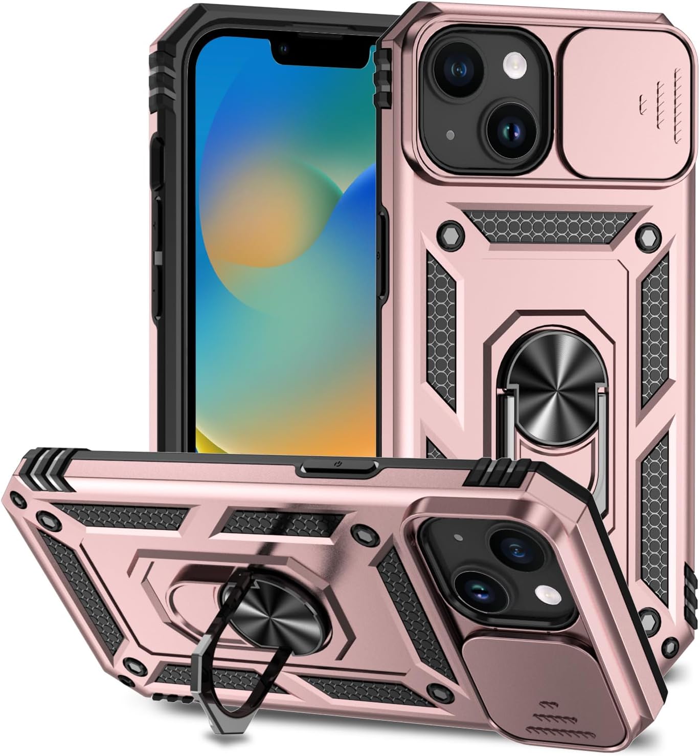 Hitaoyou Funda compatible con iPhone 15, iPhone 15 con funda para cámara y soporte, grado militar, a prueba de golpes, resistente, con soporte