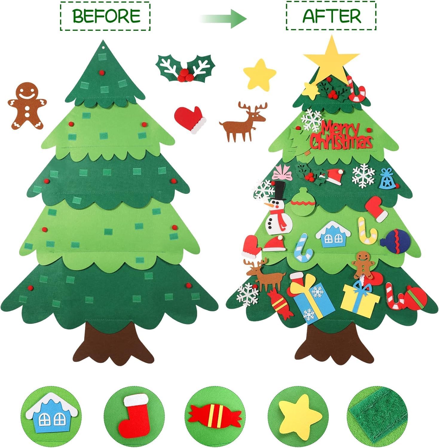 YIKSORE Árbol de Navidad de fieltro para bricolaje, árbol de Navidad Montessori para niños pequeños, juegos de árboles de Navidad interactivos con