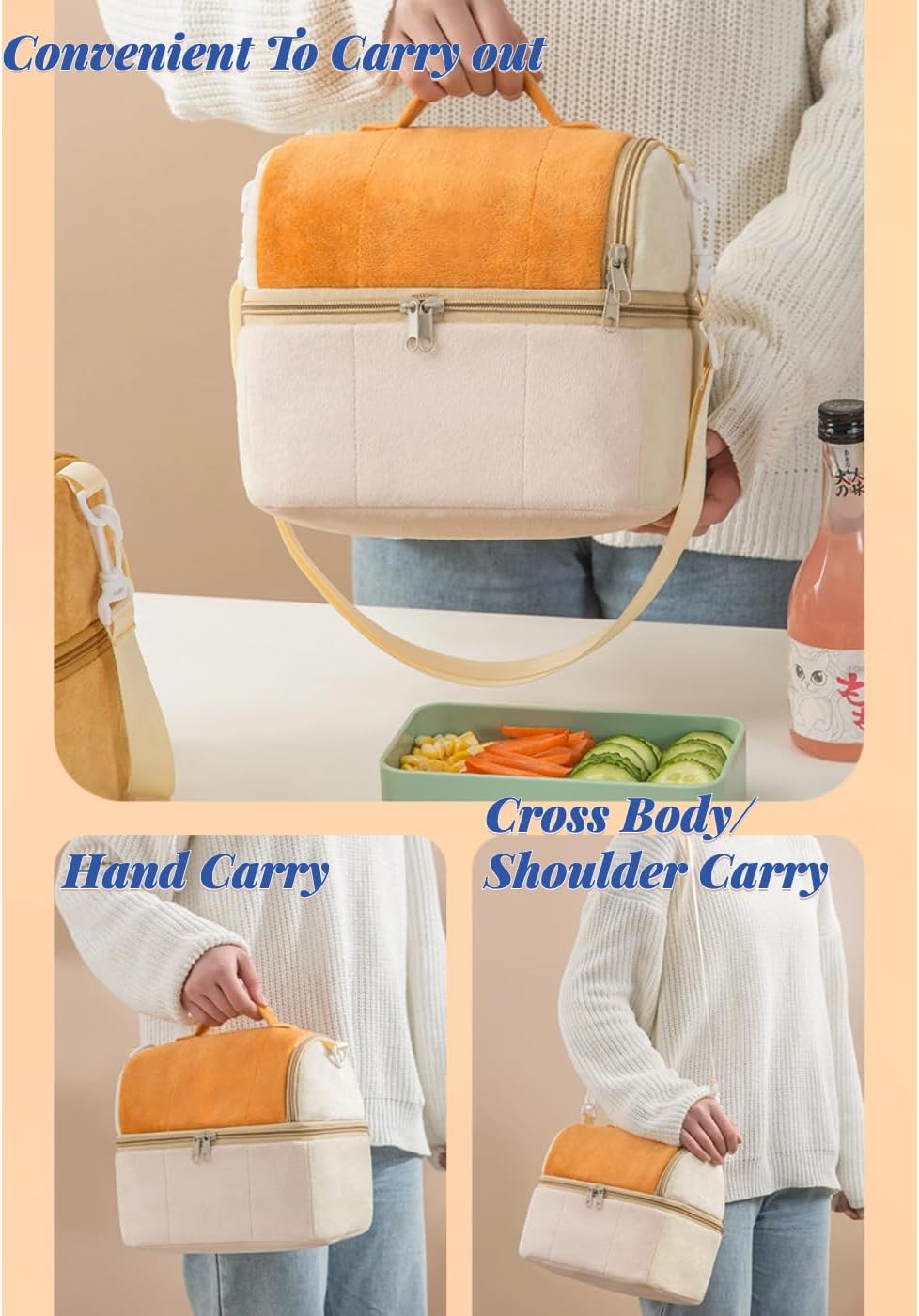 Bolsa de almuerzo para mujer, bolsa de almuerzo aislada con lonchera de doble cubierta con correa ajustable para el hombro, a prueba de fugas,