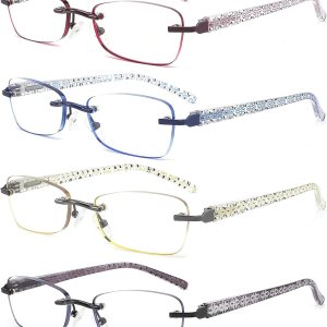 CRGATV Paquete de 4 lentes de lectura tintados sin montura para mujer, bloqueo de luz azul, elegantes lectores, antirrayos UV, fatiga CRGATV Paquete de 4 lentes de lectura tintados sin montura para mujer, bloqueo de luz azul, elegantes lectores, antirrayos UV, fatiga