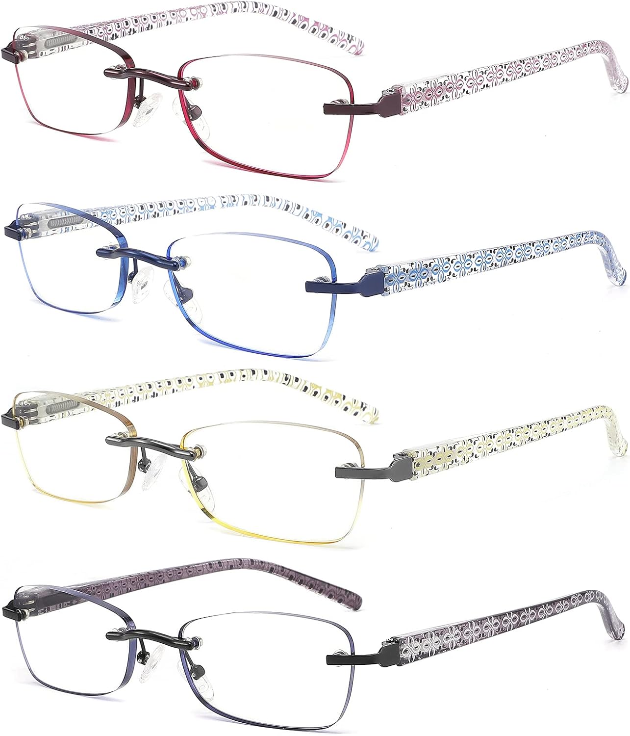 CRGATV Paquete de 4 lentes de lectura tintados sin montura para mujer, bloqueo de luz azul, elegantes lectores, antirrayos UV, fatiga