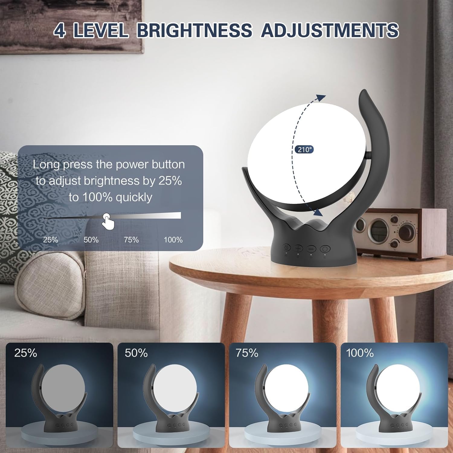 Voraiya Lámpara de terapia de luz, luz de terapia de 10000 lux, sin UV, lámpara giratoria de luz solar feliz con 5 brillo y 3 temperaturas de color,