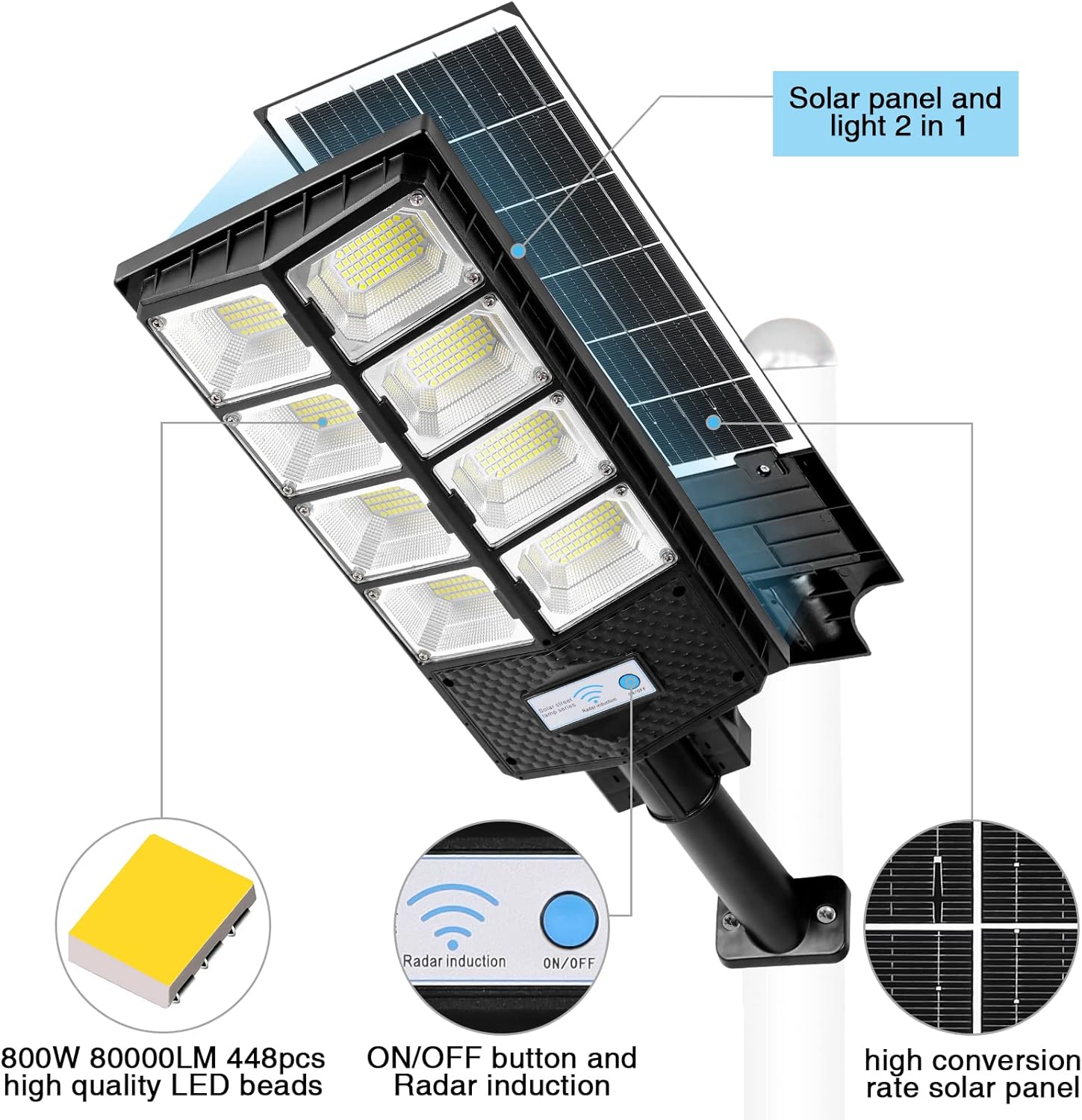 ZJOJO Farolas solares impermeables para exteriores, 6500 K, 10000 lúmenes, 448 LED, luces solares de estacionamiento del atardecer al amanecer, luz