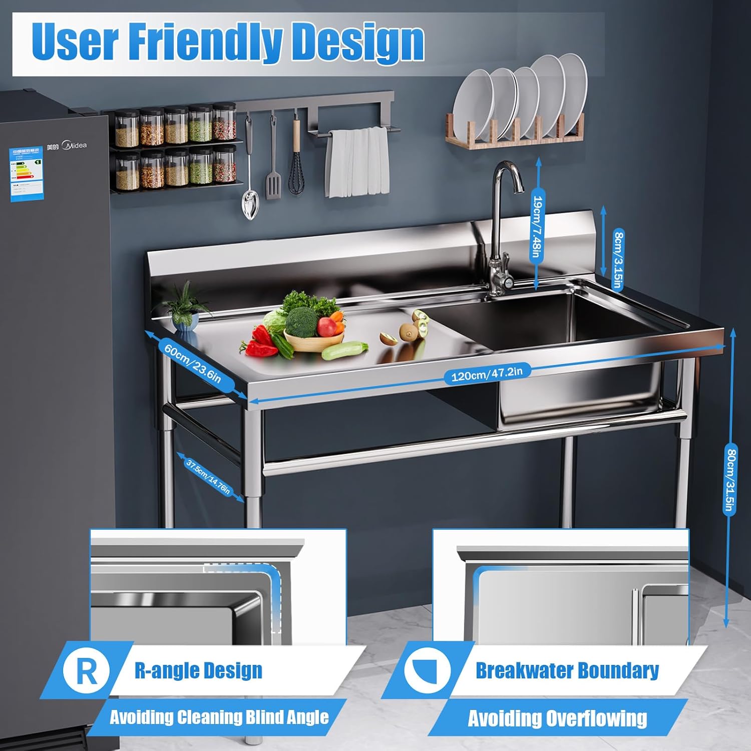 Fregadero de cocina de un solo compartimiento, fregadero de restaurante comercial, de acero inoxidable de 47 pulgadas, tabla de drenaje, fregadero