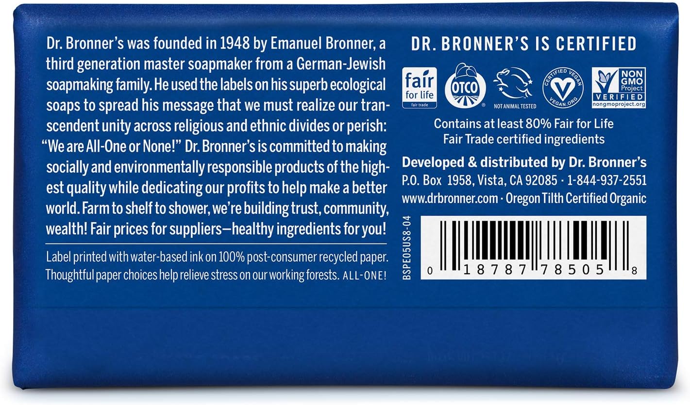 Jabones mágicos Dr. Bronners, jabón de Castilla puro, Menta de cáñamo, todo en uno, barras de 5 onzas (paquete de 6), Peppermint
