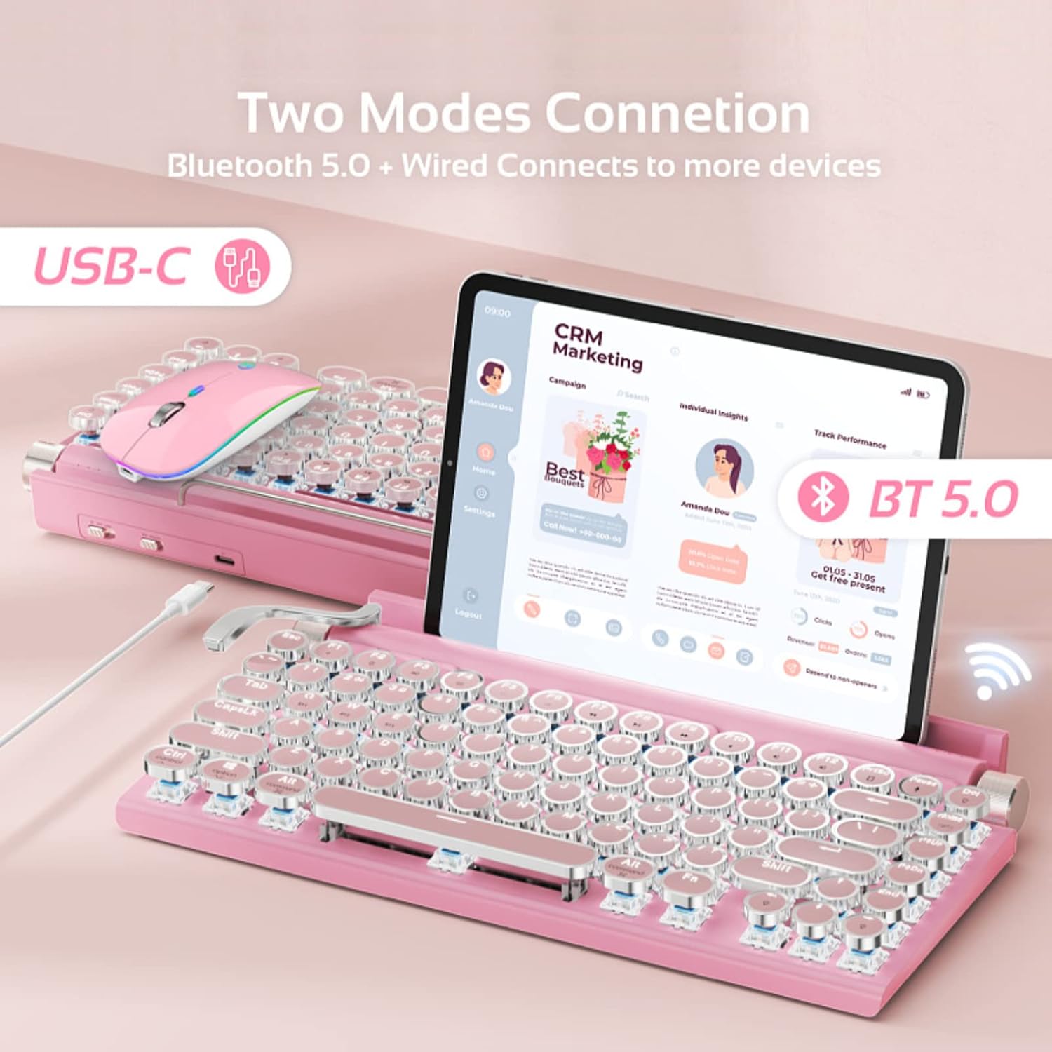Acogedor Teclado de máquina de escribir retro, teclado vintage con interruptores azules, teclado mecánico para juegos multidispositivo, para