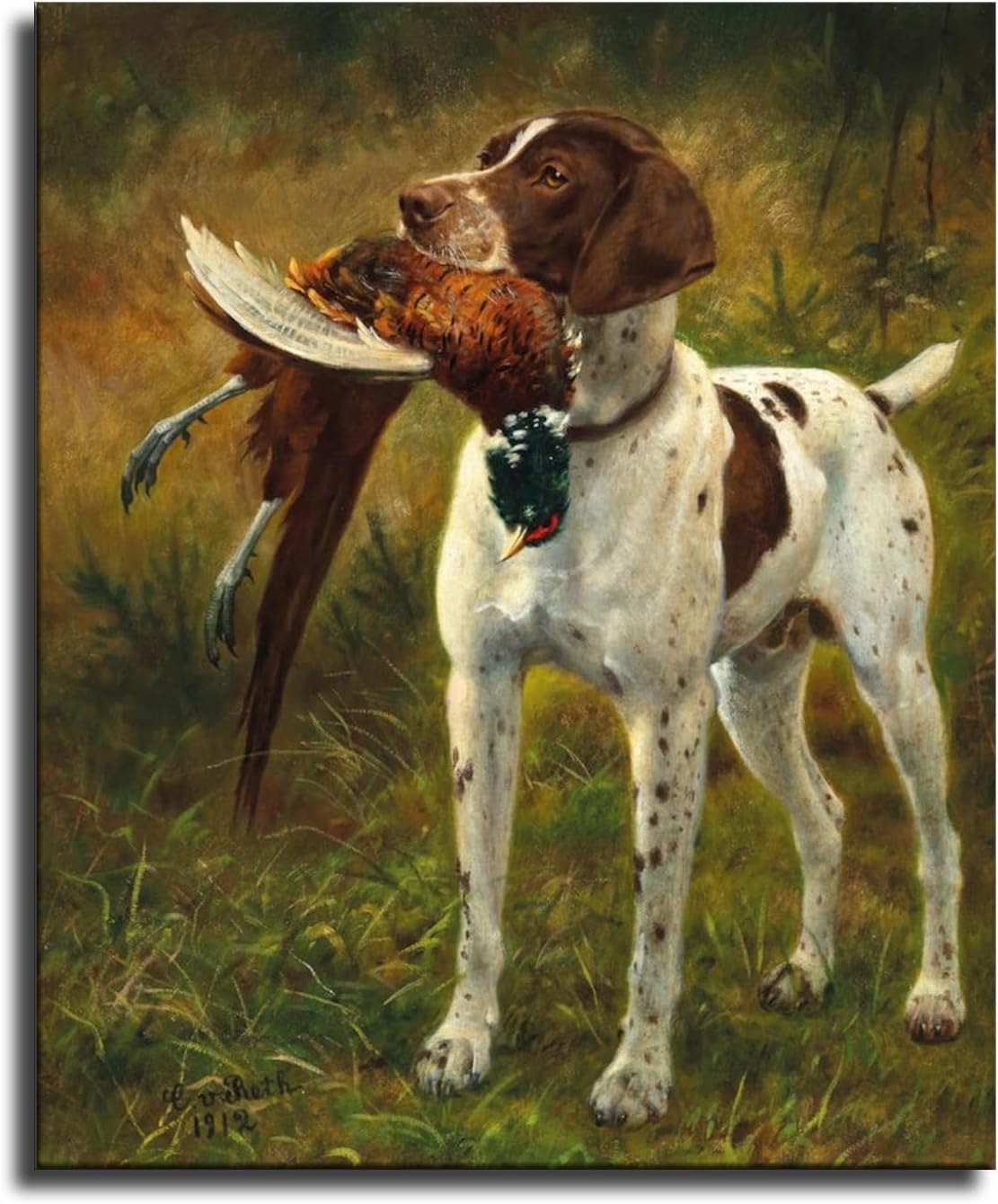 Póster impreso con texto en inglés “A Hunting Dog with a Pheasant” (Un perro de caza con un faisán) – Lienzo decorativo moderno para dormitorio