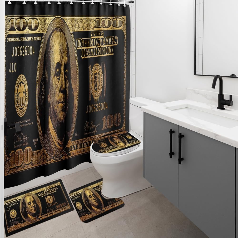 GUBIYU Juego de baño de billetes de 100 dólares de oro negro con cortina de ducha y alfombras de billetes, accesorios de baño geniales 4 piezas