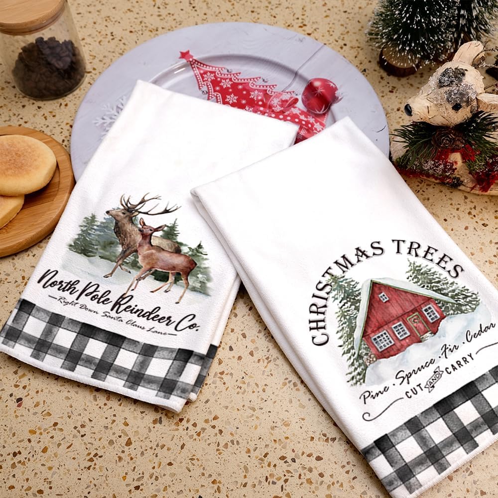 ARKENY AD092 – Juego de 2 paños de cocina de Navidad, diseño de árbol de renos de búfalo negro, 18 x 26 pulgadas, decoración del hogar de granja