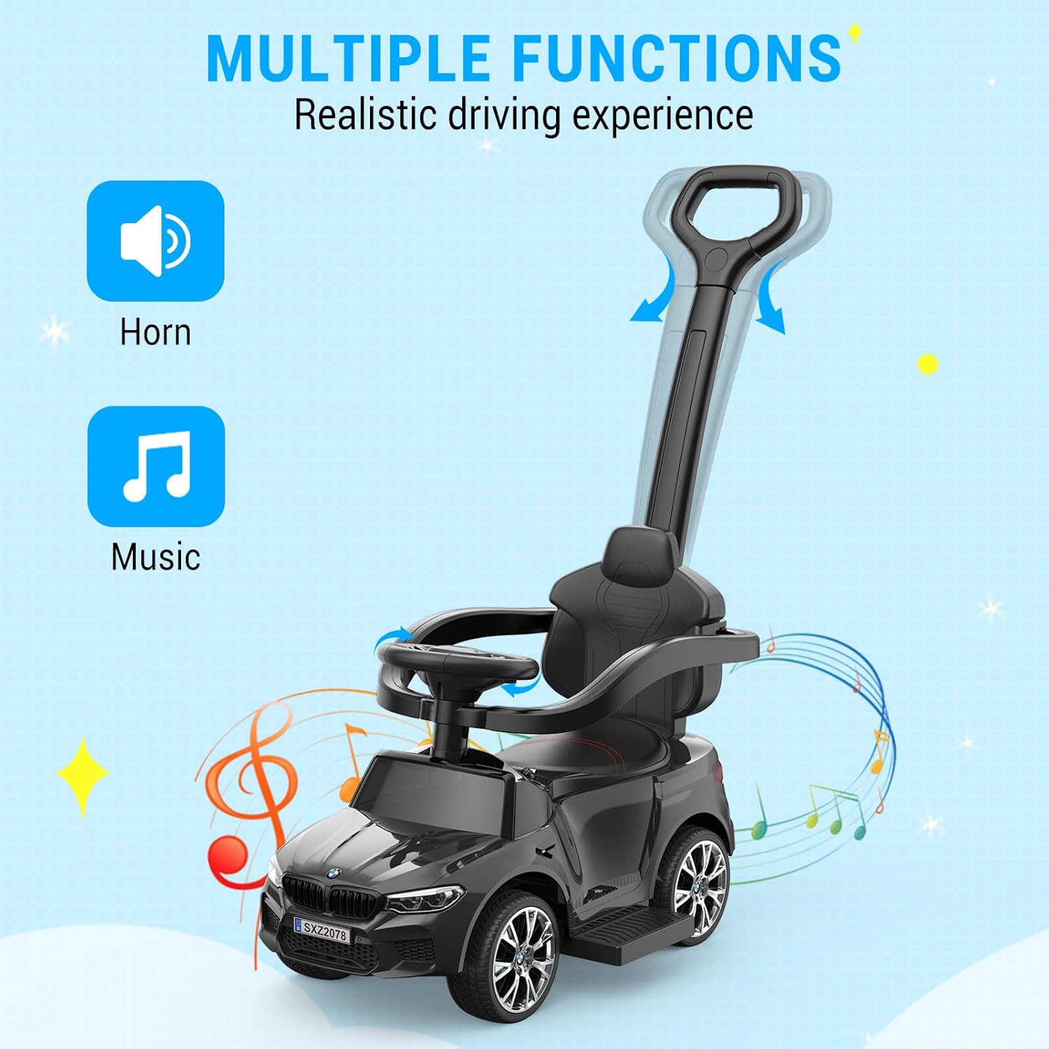 Autos de empuje para niños pequeños de 1 a 3 años, autos 4 en 1 con licencia BMW con bocina, música, luces LED y mango de empuje controlable (negro)