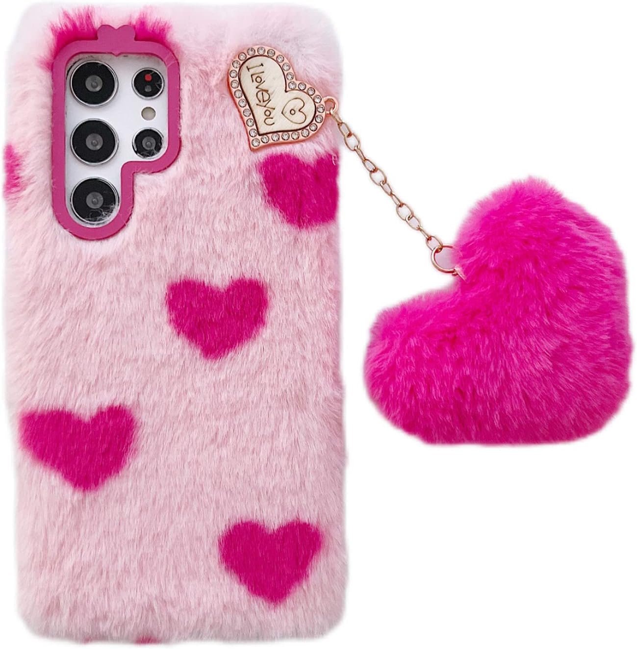 Losin Compatible con Galaxy S22 – Funda peluda ultra afelpada con bonito colgante de bola de corazón de amor 3D, funda de piel mullida y esponjosa,