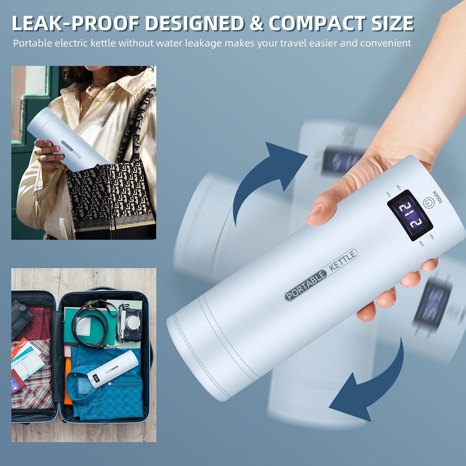 Hervidor eléctrico de viaje, portátil, pequeño, hervidor de agua, calentador de agua con 4 controles de temperatura, acero inoxidable 304 con