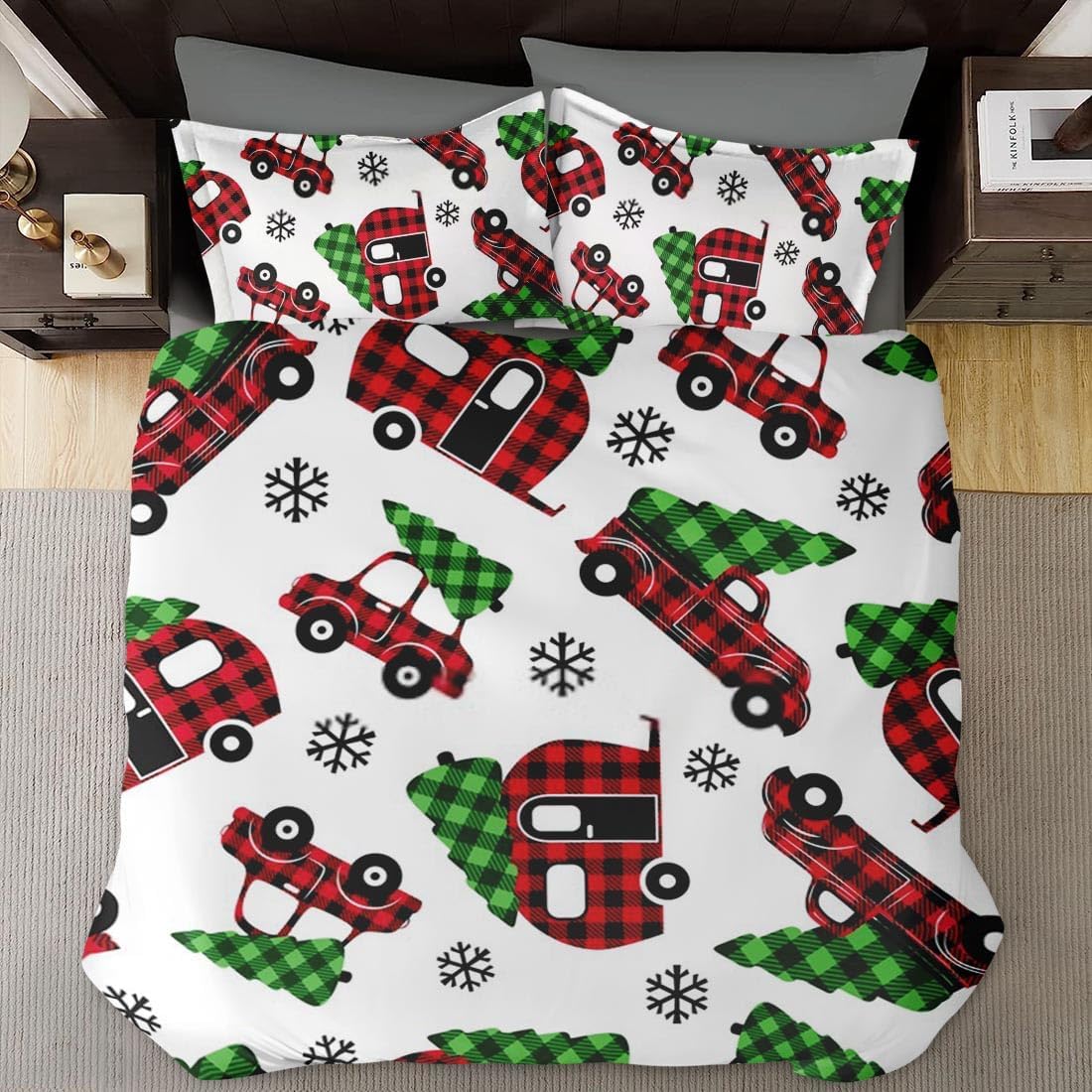 Funda de edredón tamaño Queen, juego de ropa de cama de Navidad a cuadros de búfalo rojo con cierre de cremallera para niños y adultos, funda de