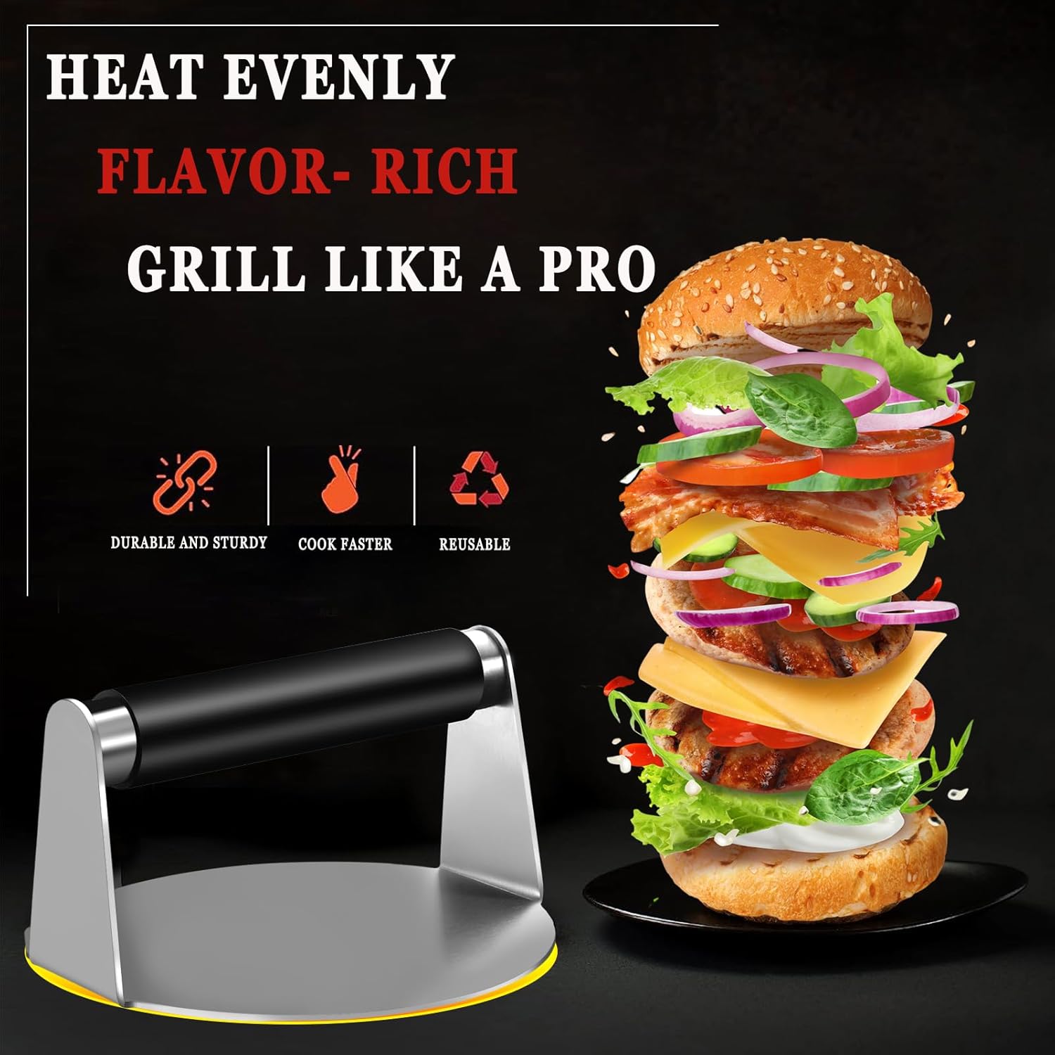 Juego de 4 accesorios de plancha para Blackstone, kit de prensa de hamburguesas de acero inoxidable, espátula para parrilla y coctelera de especias,